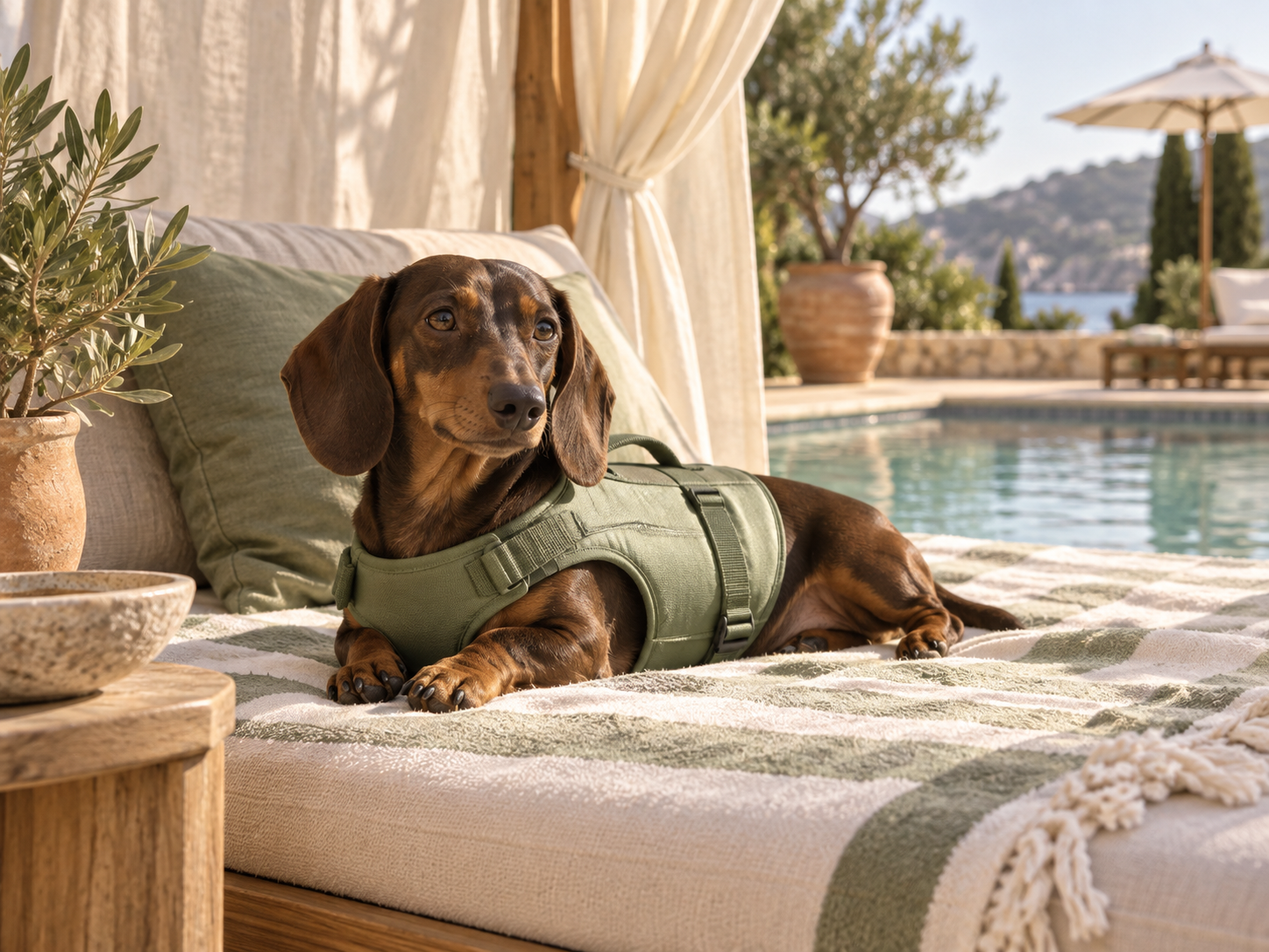 A dachshund in a green swim vest resting under a linen cabana