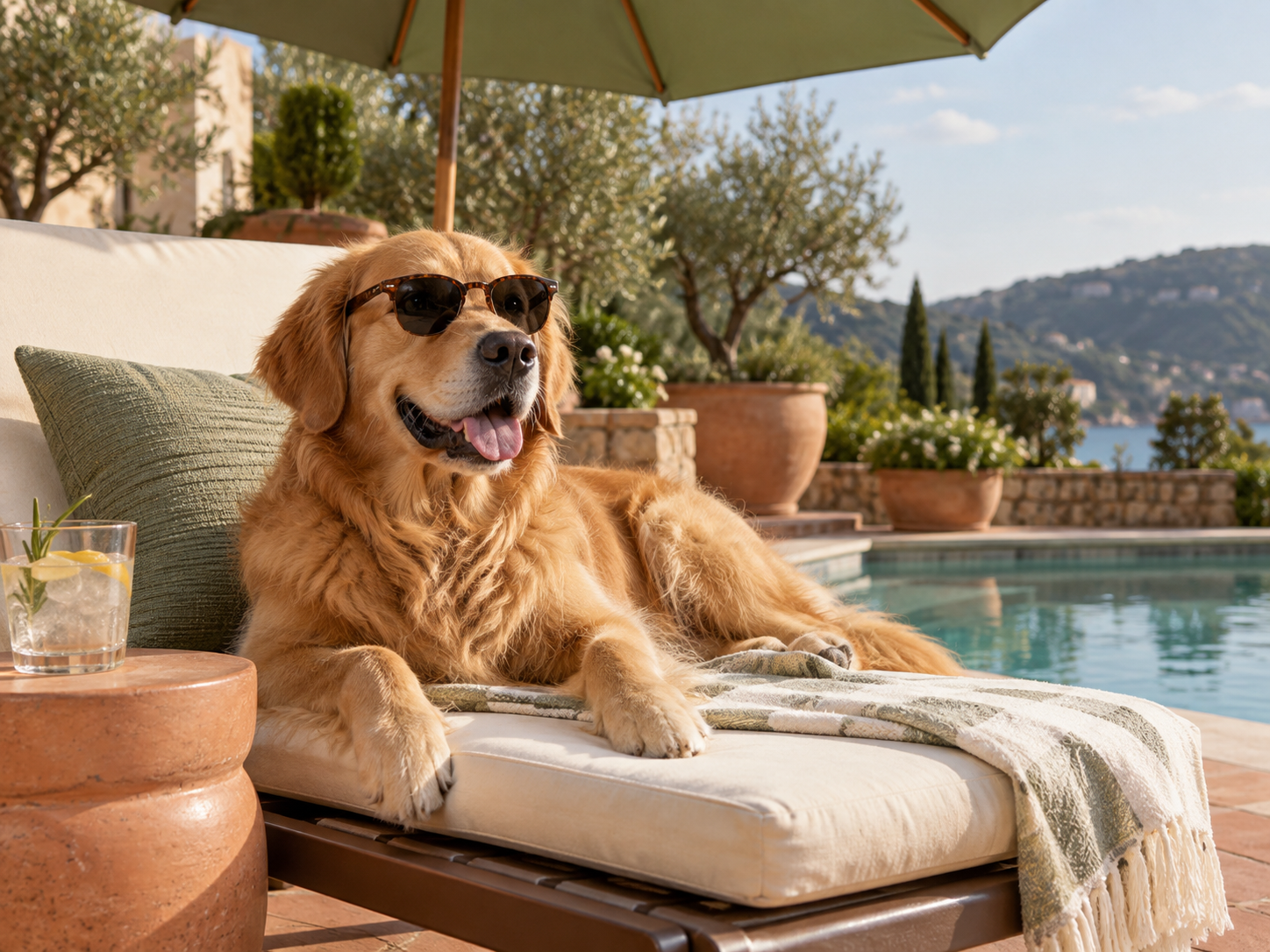 A golden retriever wearing sunglasses on a cream pool lounger